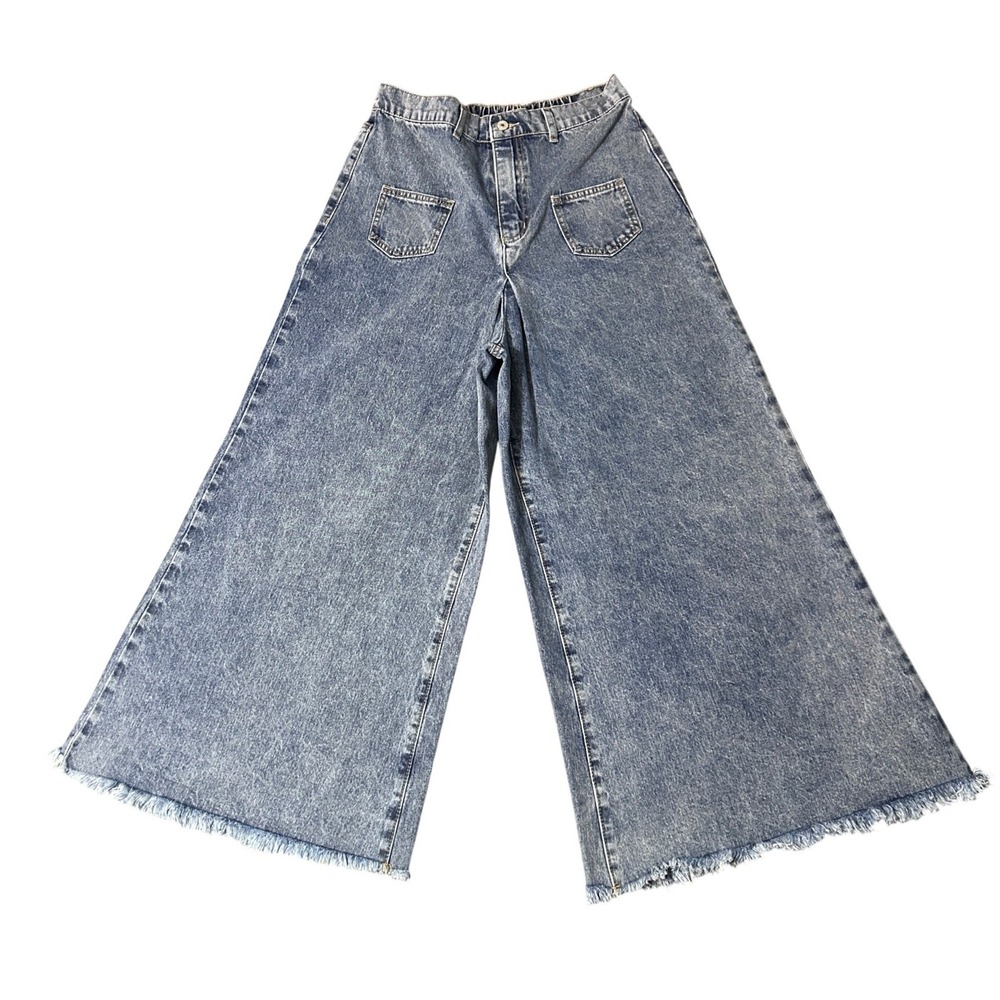 Davi & Dani Wide Leg Culotte Jeans Womens L Blue Frayed Hem Retro Flare 28x27